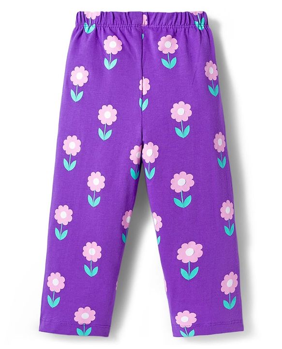 Babyhug Cotton Knit Full Sleeves Co-ords Night Suit with Floral Print - Purple