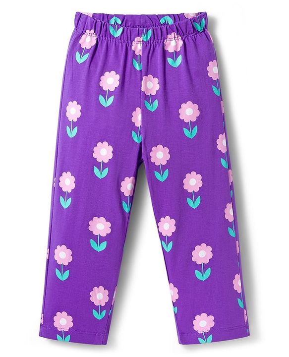 Babyhug Cotton Knit Full Sleeves Co-ords Night Suit with Floral Print - Purple