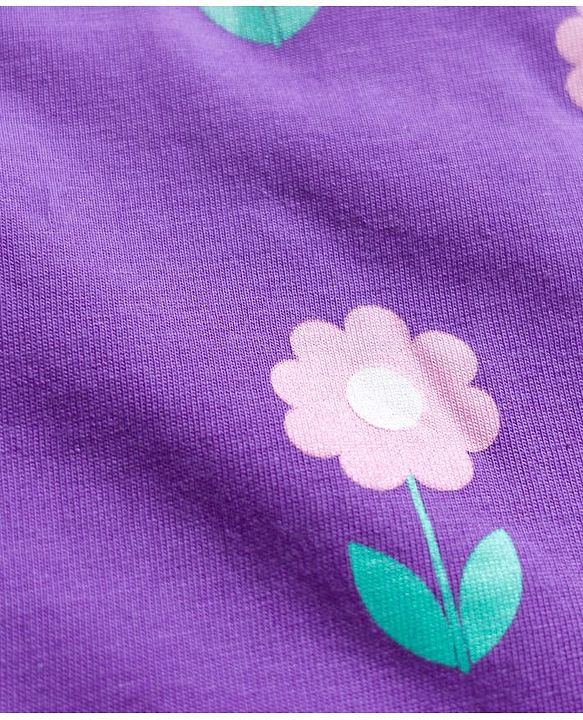 Babyhug Cotton Knit Full Sleeves Co-ords Night Suit with Floral Print - Purple