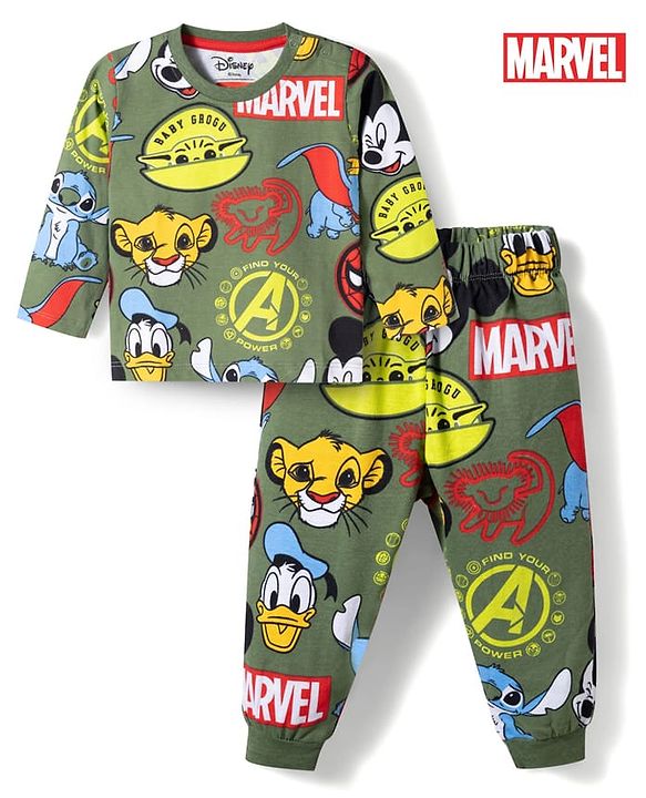 Babyhug Disney 100% Cotton Knit Full Sleeves Co-Ords T-Shirt & Pyjama Night Suit With Disney Character Print - Olive Green