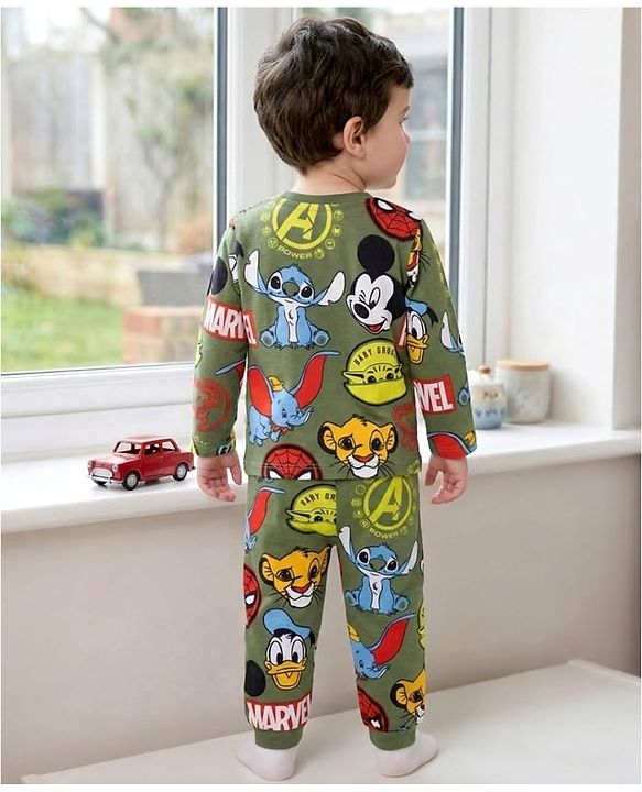 Babyhug Disney 100% Cotton Knit Full Sleeves Co-Ords T-Shirt & Pyjama Night Suit With Disney Character Print - Olive Green