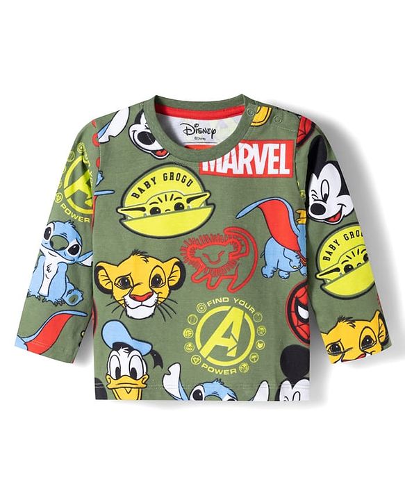 Babyhug Disney 100% Cotton Knit Full Sleeves Co-Ords T-Shirt & Pyjama Night Suit With Disney Character Print - Olive Green