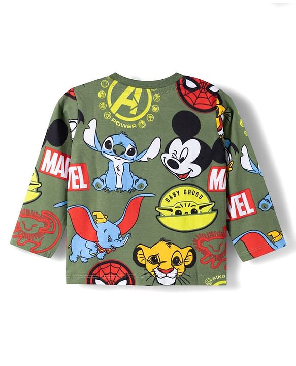 Babyhug Disney 100% Cotton Knit Full Sleeves Co-Ords T-Shirt & Pyjama Night Suit With Disney Character Print - Olive Green