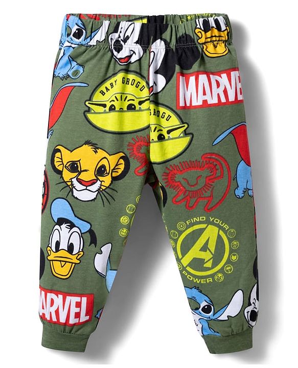 Babyhug Disney 100% Cotton Knit Full Sleeves Co-Ords T-Shirt & Pyjama Night Suit With Disney Character Print - Olive Green