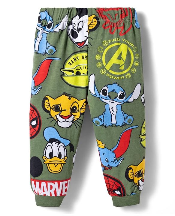 Babyhug Disney 100% Cotton Knit Full Sleeves Co-Ords T-Shirt & Pyjama Night Suit With Disney Character Print - Olive Green