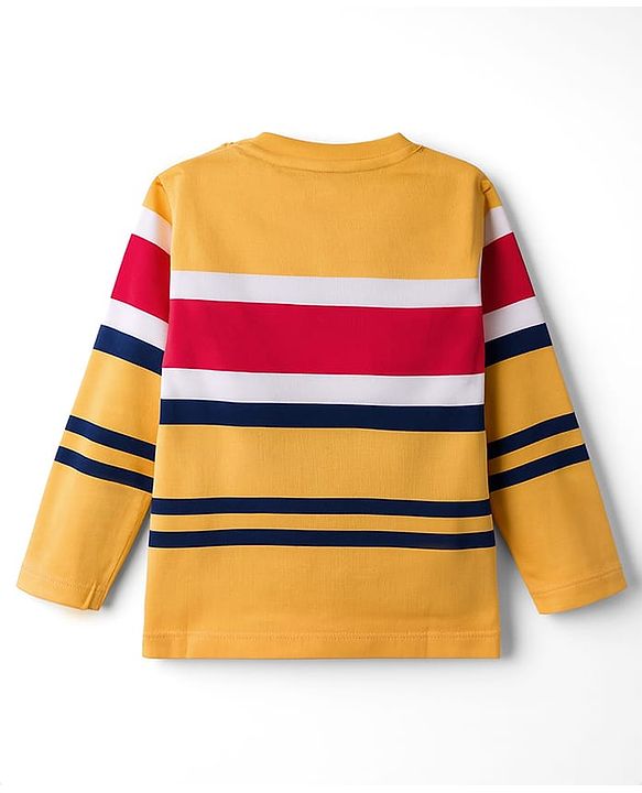 Babyhug Cotton Knit Full Sleeves Striped T-Shirt with Text Print - Yellow