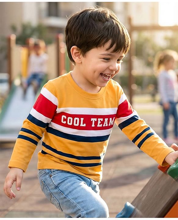 Babyhug Cotton Knit Full Sleeves Striped T-Shirt with Text Print - Yellow