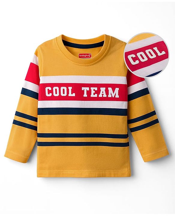 Babyhug Cotton Knit Full Sleeves Striped T-Shirt with Text Print - Yellow