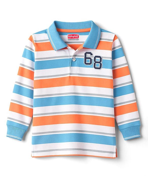 Babyhug Cotton Knit Full Sleeves Striped Polo T-Shirt - Multicolor