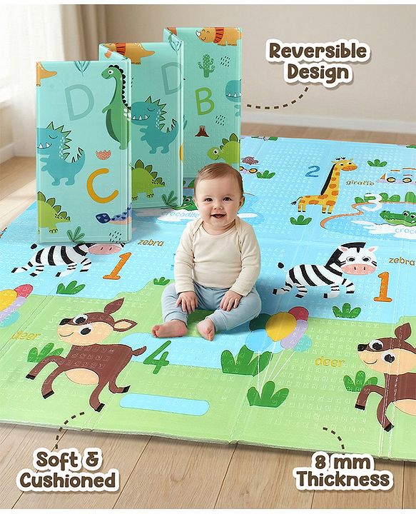 Babyhug Reversible Foldable Dino Theme Learning & Play Floor Mat 180x150 cm|Thickness 8 mm|Waterproof & Soft Foam|Colorful Crawling & Baby Massage Mat|Ideal to Gift|Easy to Fold & Carry| 0-12 Yrs|BIS