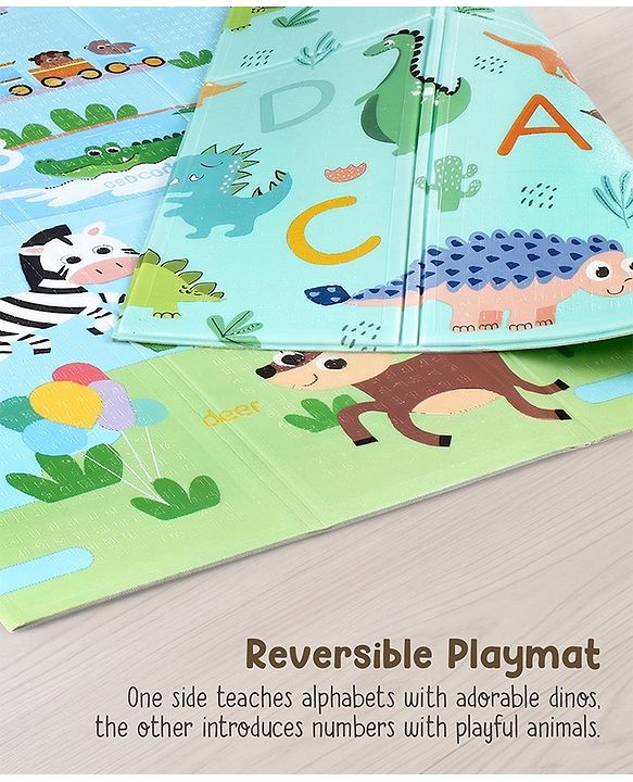 Babyhug Reversible Foldable Dino Theme Learning & Play Floor Mat 180x150 cm|Thickness 8 mm|Waterproof & Soft Foam|Colorful Crawling & Baby Massage Mat|Ideal to Gift|Easy to Fold & Carry| 0-12 Yrs|BIS