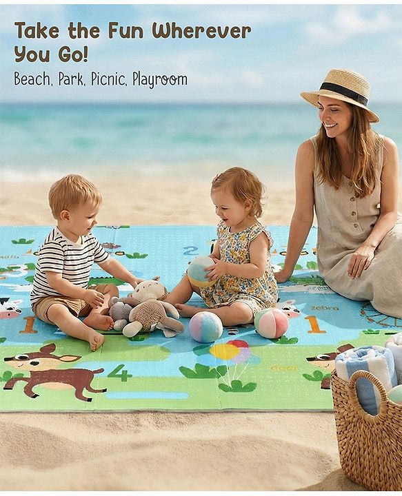 Babyhug Reversible Foldable Dino Theme Learning & Play Floor Mat 180x150 cm|Thickness 8 mm|Waterproof & Soft Foam|Colorful Crawling & Baby Massage Mat|Ideal to Gift|Easy to Fold & Carry| 0-12 Yrs|BIS