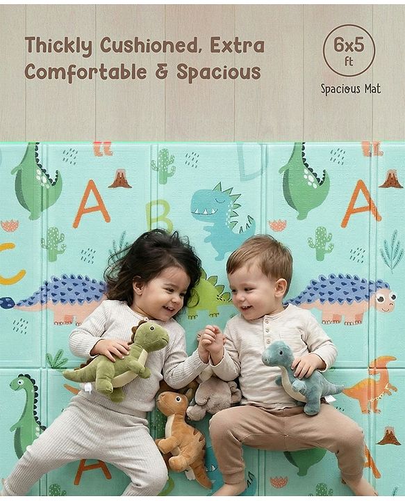 Babyhug Reversible Foldable Dino Theme Learning & Play Floor Mat 180x150 cm|Thickness 8 mm|Waterproof & Soft Foam|Colorful Crawling & Baby Massage Mat|Ideal to Gift|Easy to Fold & Carry| 0-12 Yrs|BIS