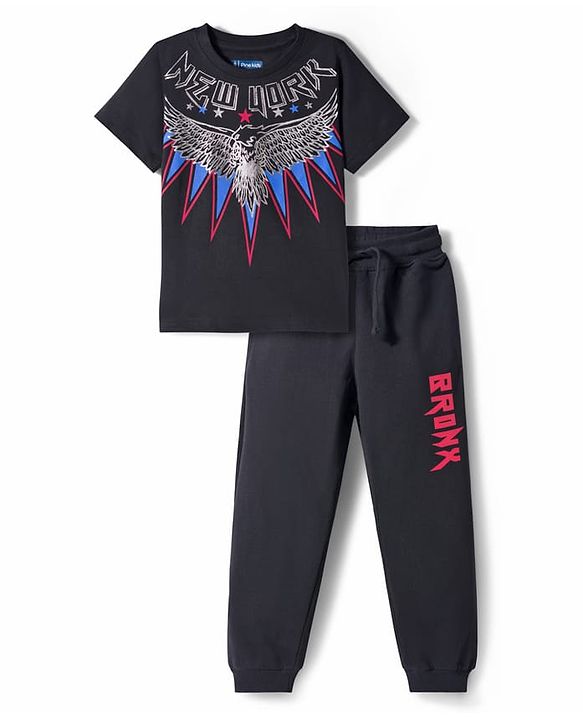 Pine Kids Cotton Knit Half Sleeves T-Shirt & Lounge Pant Set with Text Graphic - Black