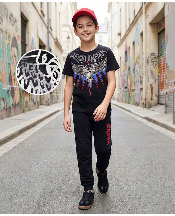 Pine Kids Cotton Knit Half Sleeves T-Shirt & Lounge Pant Set with Text Graphic - Black