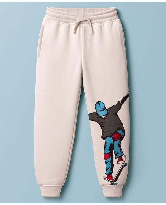 Pine Kids Cotton Knit Half Sleeves T-Shirt & Joggers Set With Skateboarding Print - Beige