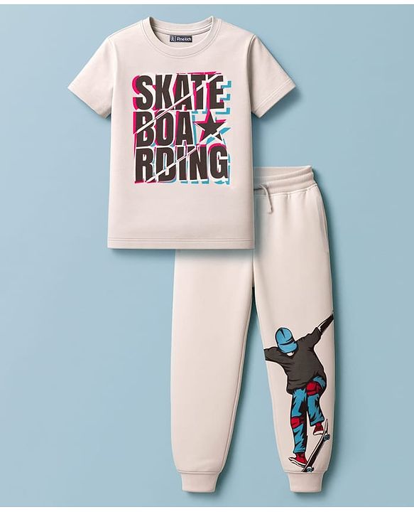 Pine Kids Cotton Knit Half Sleeves T-Shirt & Joggers Set With Skateboarding Print - Beige
