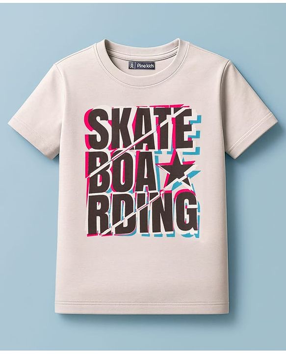 Pine Kids Cotton Knit Half Sleeves T-Shirt & Joggers Set With Skateboarding Print - Beige