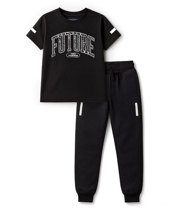 Pine Kids Cotton Knit Half Sleeves T-Shirt & Joggers Set With Future Print - Black