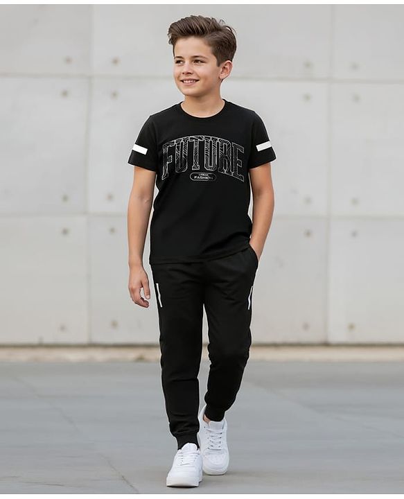 Pine Kids Cotton Knit Half Sleeves T-Shirt & Joggers Set With Future Print - Black