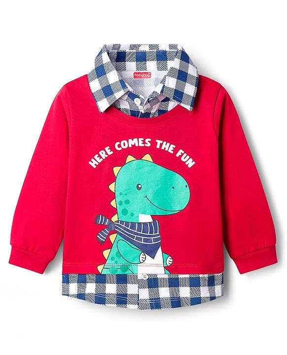 Babyhug 100% Cotton Knit Full Sleeves T-Shirt With Dino Print with Attached Shirt - Red