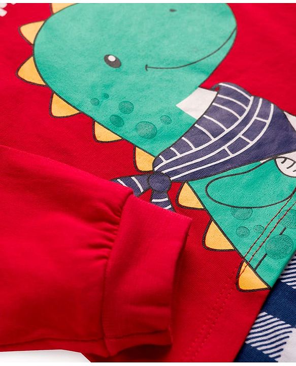 Babyhug 100% Cotton Knit Full Sleeves T-Shirt With Dino Print with Attached Shirt - Red