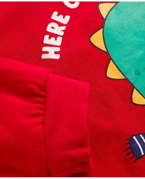 Babyhug 100% Cotton Knit Full Sleeves T-Shirt With Dino Print with Attached Shirt - Red