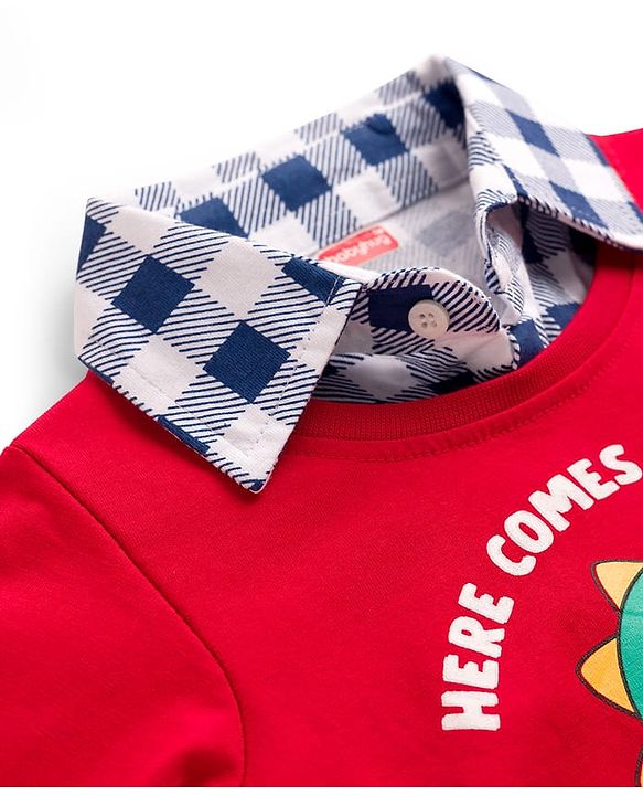 Babyhug 100% Cotton Knit Full Sleeves T-Shirt With Dino Print with Attached Shirt - Red