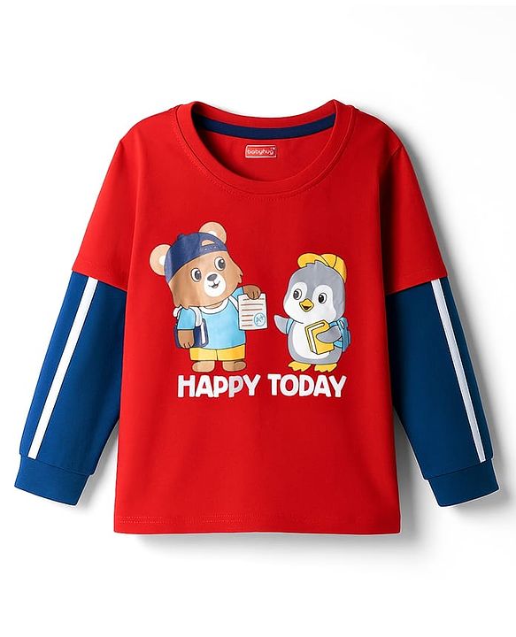 Babyhug Cotton Knit Full Sleeves T-Shirt With Animal Print - Red