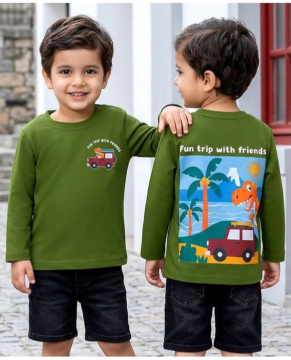 Babyhug Cotton Knit Full Sleeves T-Shirt with Dino Front & Back Graphic - Green