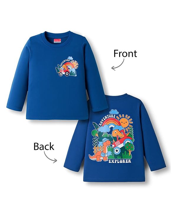 Babyhug Cotton Knit Full Sleeves T-Shirt With Dino Print - Navy Blue
