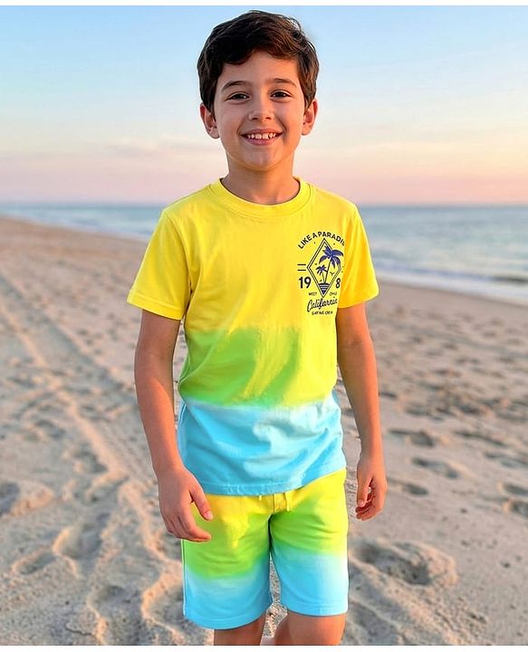 Pine Kids Single Jersey Knit Half Sleeves T-Shirt & Shorts Set with Beach Theme Print - Yellow