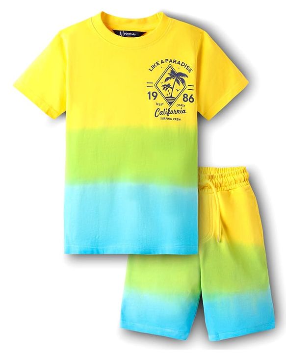 Pine Kids Single Jersey Knit Half Sleeves T-Shirt & Shorts Set with Beach Theme Print - Yellow