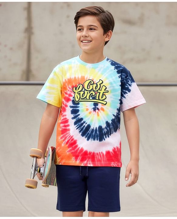 Pine Kids Single Jersey Knit Half Sleeves T-Shirt & Shorts Set with Text Print - Navy Blue