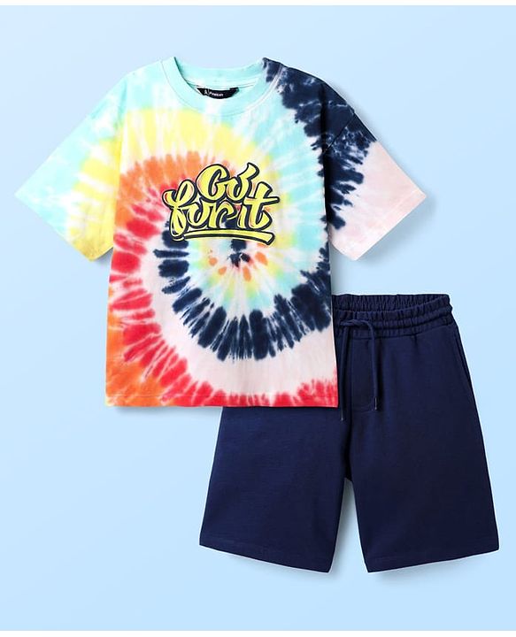 Pine Kids Single Jersey Knit Half Sleeves T-Shirt & Shorts Set with Text Print - Navy Blue
