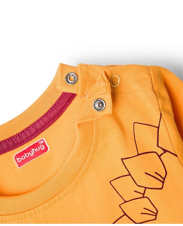 Babyhug Cotton Knit Full Sleeves T-Shirt With Dino Print - Yellow