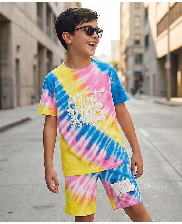 Pine Kids Single Jersey Knit Half Sleeves Co-ords T-Shirt & Shorts Set with Text Graphic - Multicolor