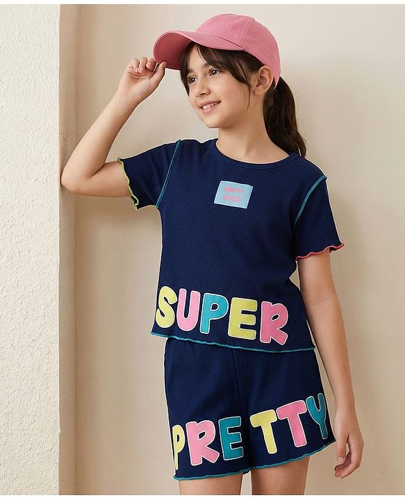 Pine Kids Single Jersey Knit Half Sleeves T-Shirt & Shorts Set with Text Graphic - Navy Blue
