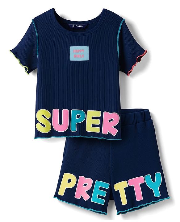 Pine Kids Single Jersey Knit Half Sleeves T-Shirt & Shorts Set with Text Graphic - Navy Blue