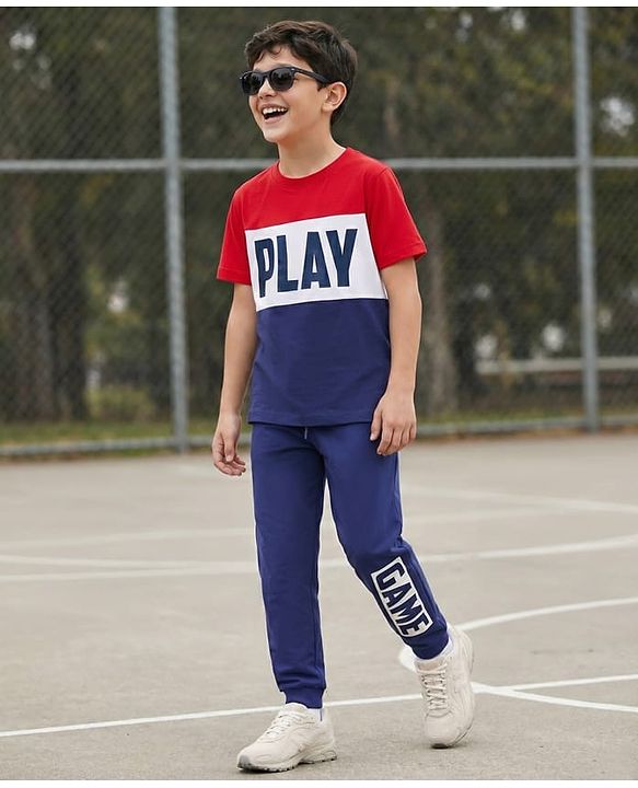 Pine Kids Cotton Knit Half Sleeves Cut & Sew T-Shirt & Lounge Pant Set with Text Graphic - Navy Blue