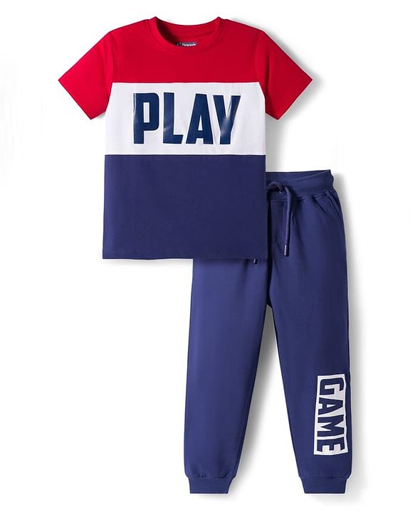 Pine Kids Cotton Knit Half Sleeves Cut & Sew T-Shirt & Lounge Pant Set with Text Graphic - Navy Blue