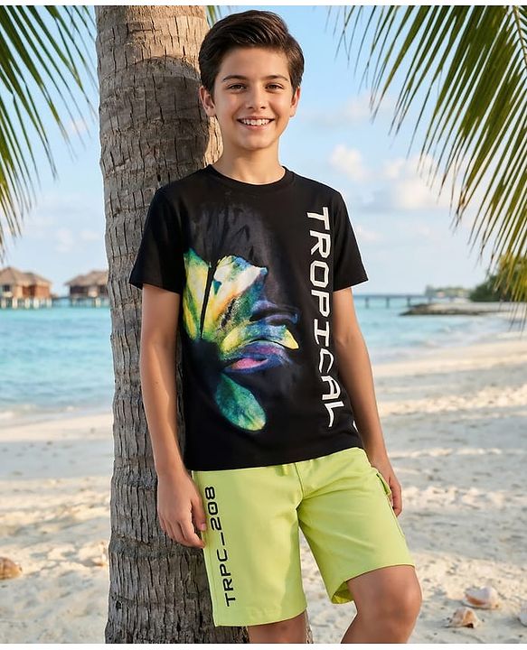Pine Kids Cotton Knit Half Sleeves T-Shirt & Shorts Set with Tropical Print - Black & Limegreen
