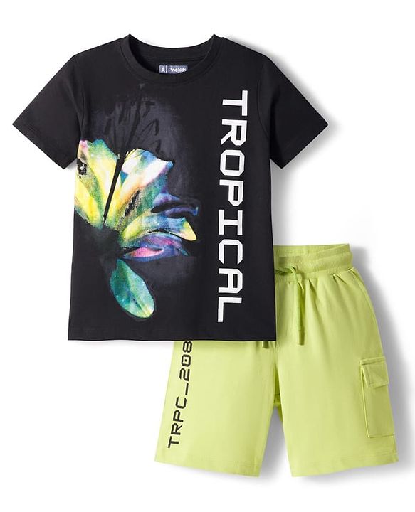 Pine Kids Cotton Knit Half Sleeves T-Shirt & Shorts Set with Tropical Print - Black & Limegreen