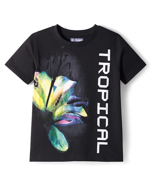 Pine Kids Cotton Knit Half Sleeves T-Shirt & Shorts Set with Tropical Print - Black & Limegreen