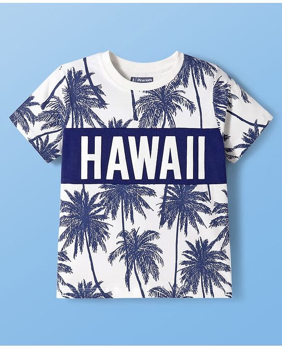 Pine Kids Cotton Knit Half Sleeves T-Shirt & Shorts Set with Beach Theme Print - Navy Blue