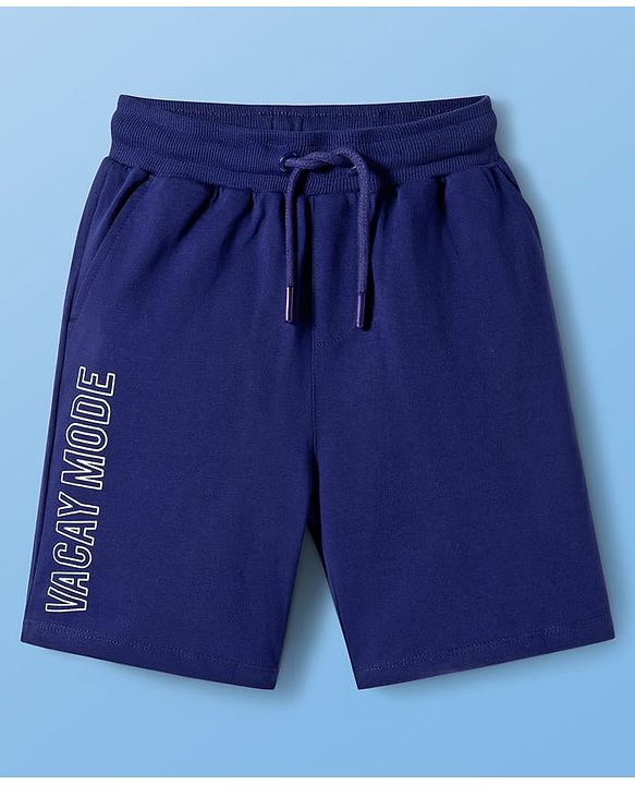 Pine Kids Cotton Knit Half Sleeves T-Shirt & Shorts Set with Beach Theme Print - Navy Blue