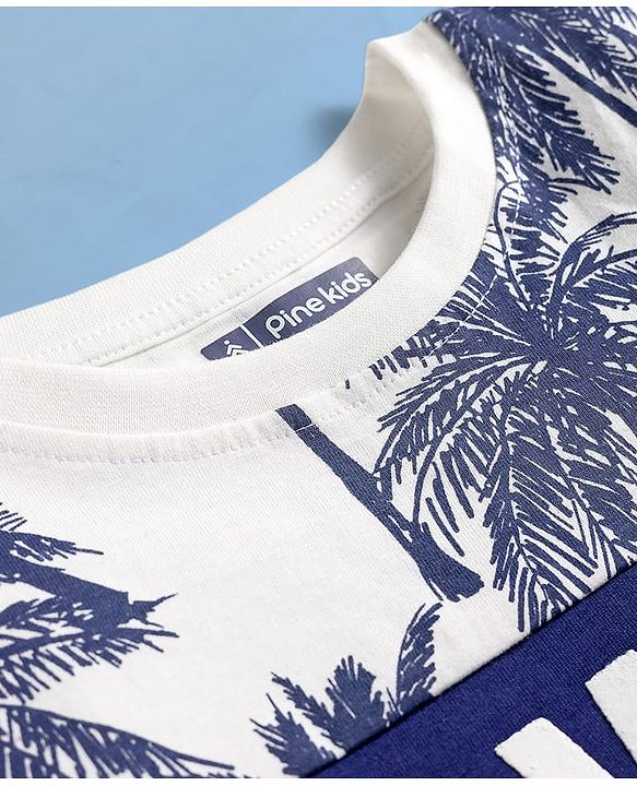 Pine Kids Cotton Knit Half Sleeves T-Shirt & Shorts Set with Beach Theme Print - Navy Blue