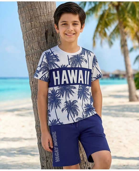 Pine Kids Cotton Knit Half Sleeves T-Shirt & Shorts Set with Beach Theme Print - Navy Blue
