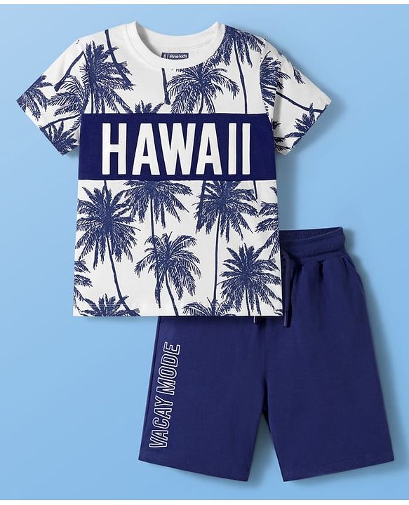 Pine Kids Cotton Knit Half Sleeves T-Shirt & Shorts Set with Beach Theme Print - Navy Blue