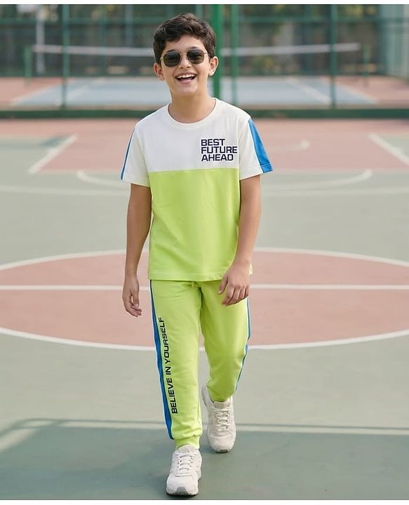 Pine Kids Cotton Knit Half Sleeves T-Shirt & Lounge Pant Set With Text Print - White & Lime Green